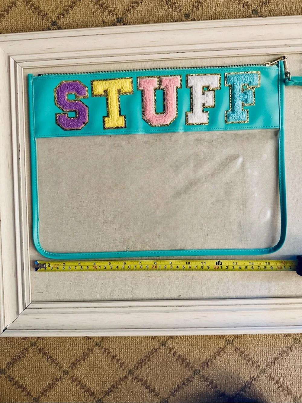 Translucent travel pouches with chenille varsity letters set of 3.